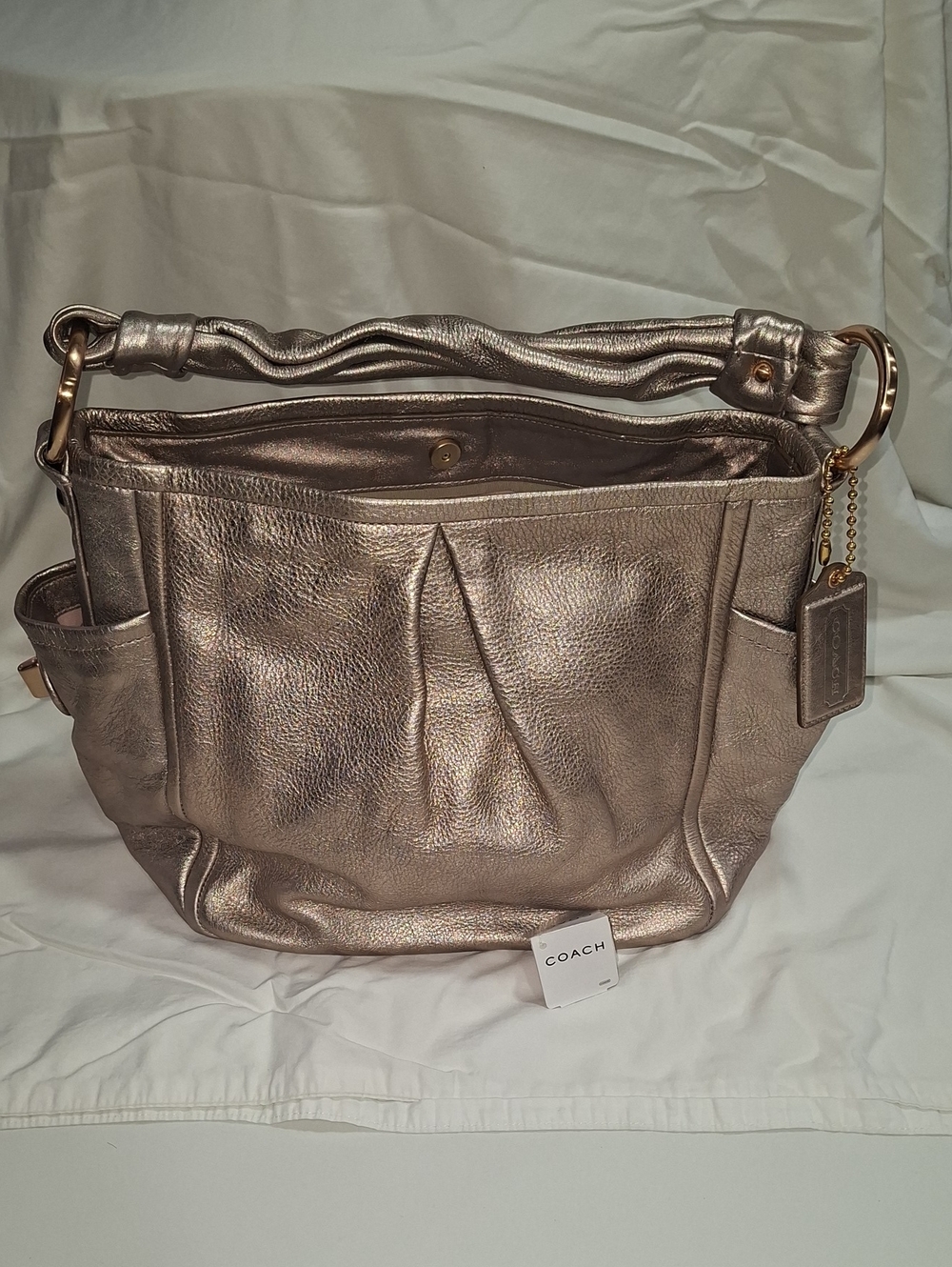 Coach Metallic Pewter Leather NEW NEVER USED VTG Shoulder Bag with Gold Hardware